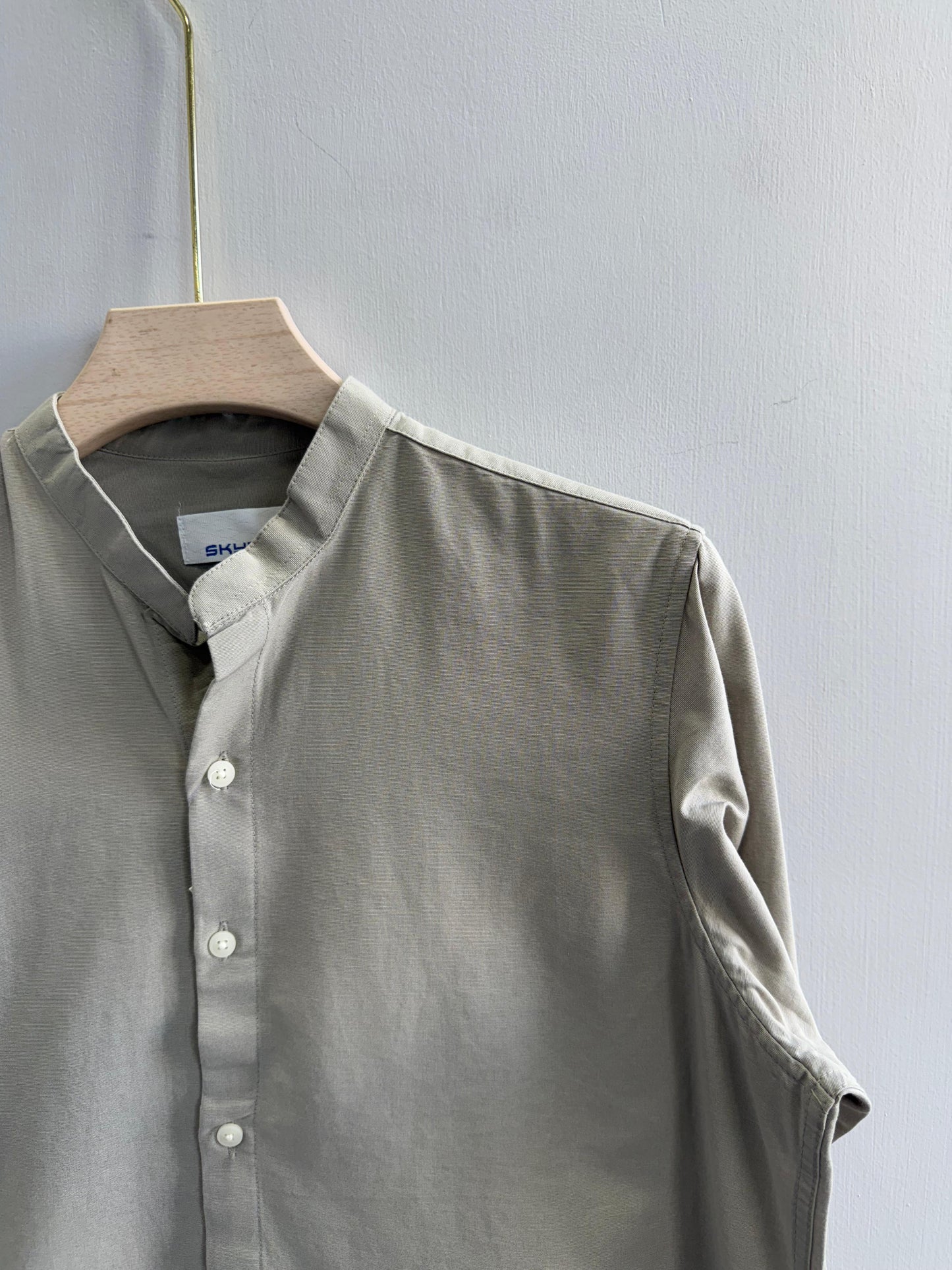 LIGHT GRAY LINEN MANDRIAN COLLAR SHIRT