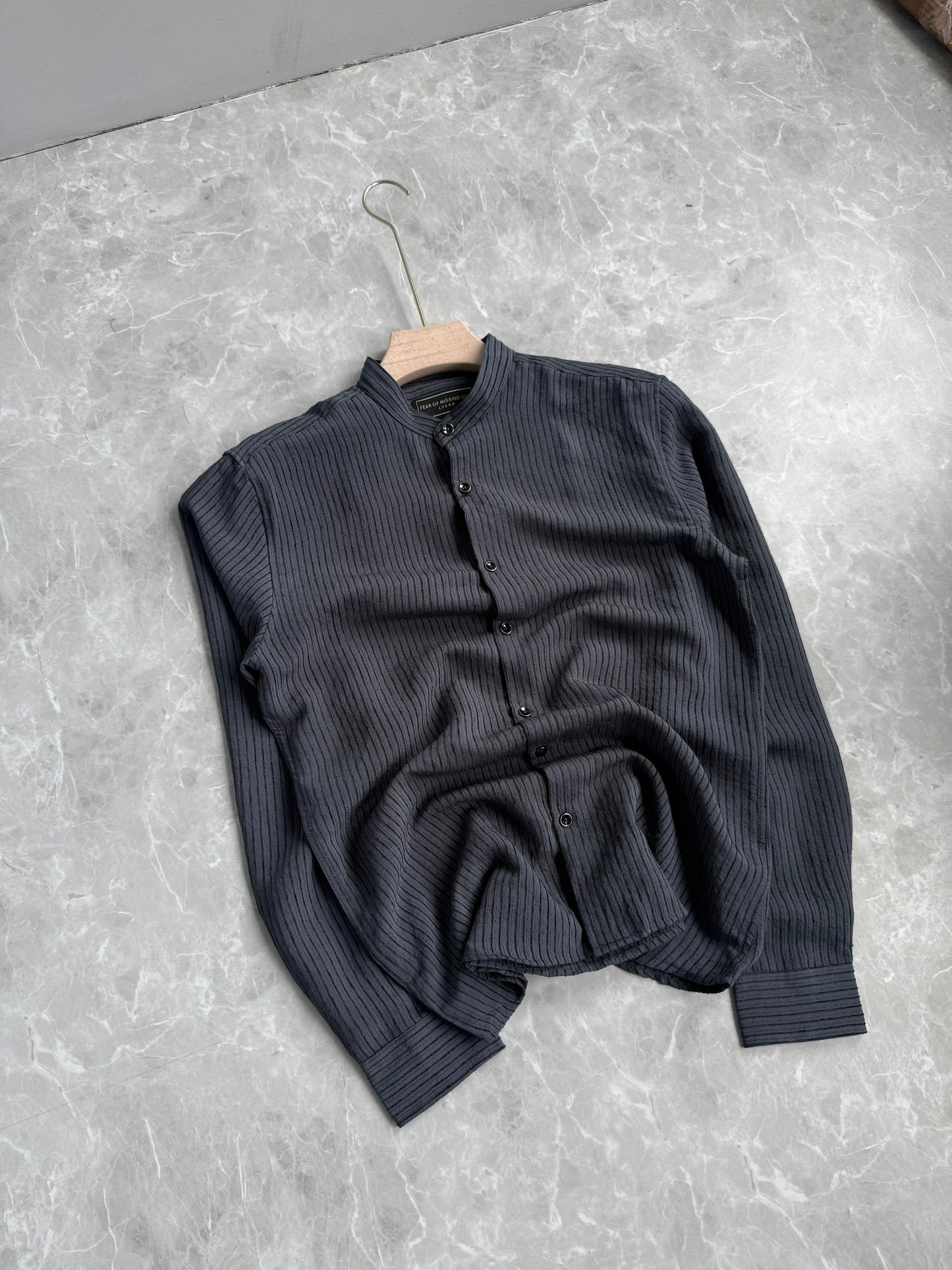 GRAY IMPORTED STRIPE MANDRIAN COLLAR SHIRT
