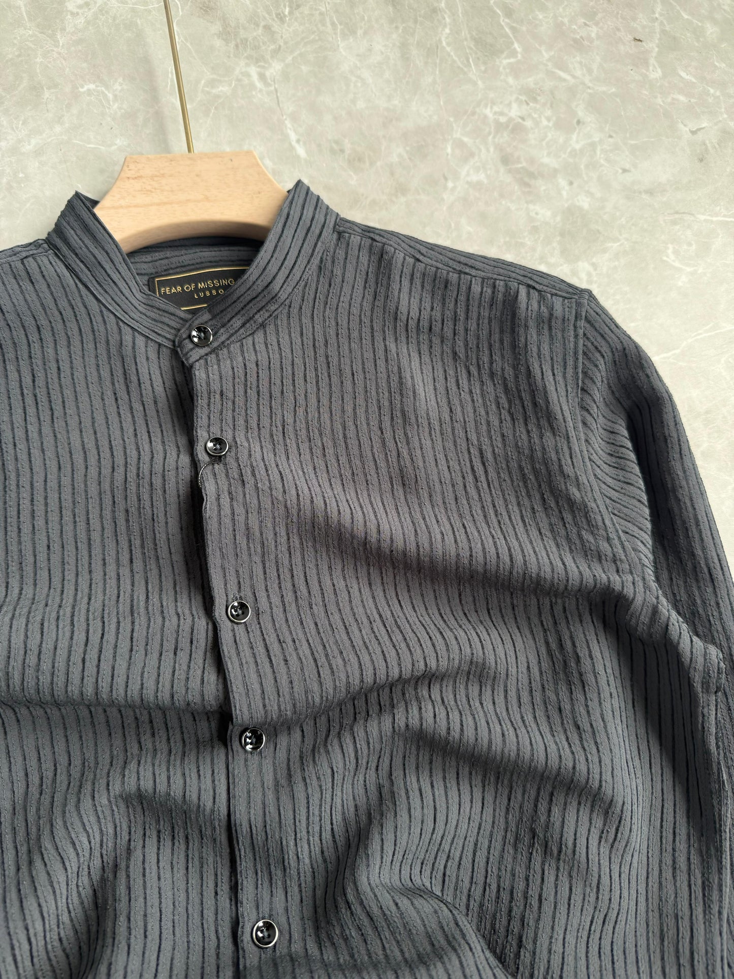 GRAY IMPORTED STRIPE MANDRIAN COLLAR SHIRT