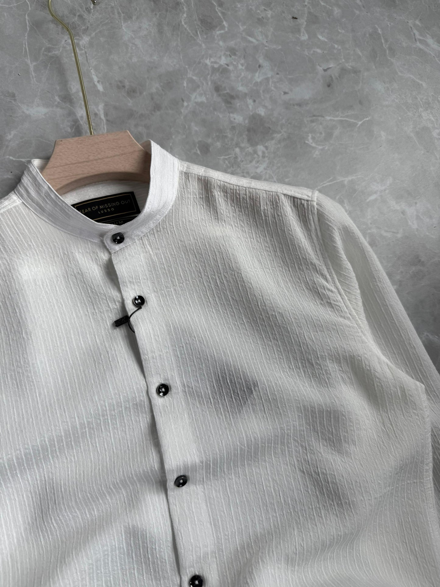 WHITE IMPORTED STRIPE MANDRIAN COLLAR SHIRT