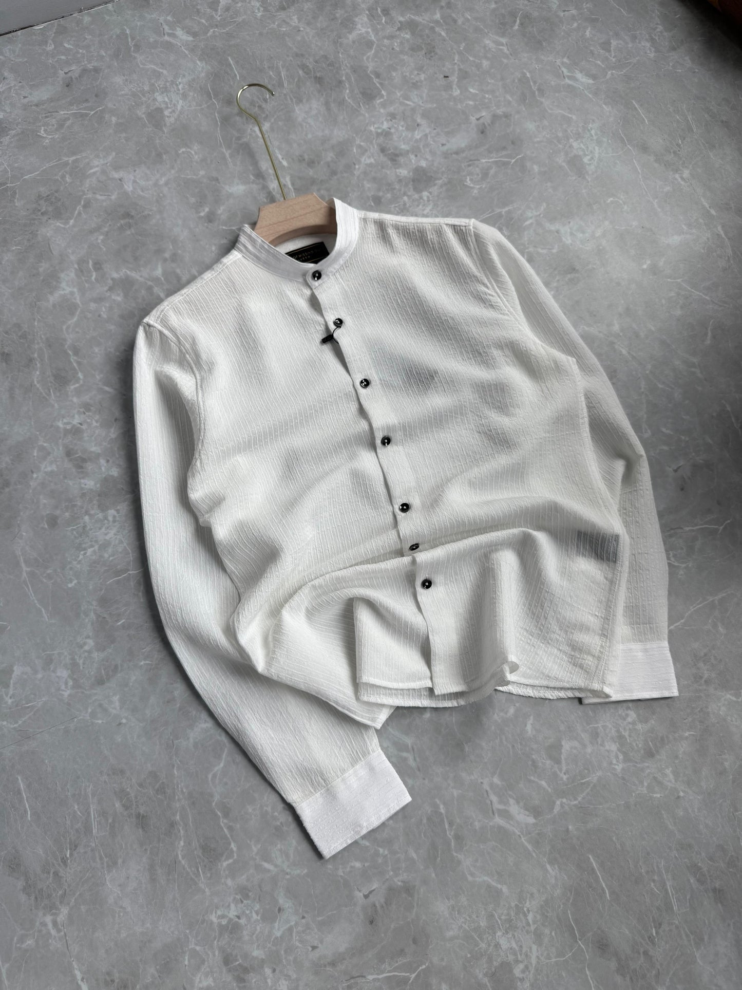 WHITE IMPORTED STRIPE MANDRIAN COLLAR SHIRT