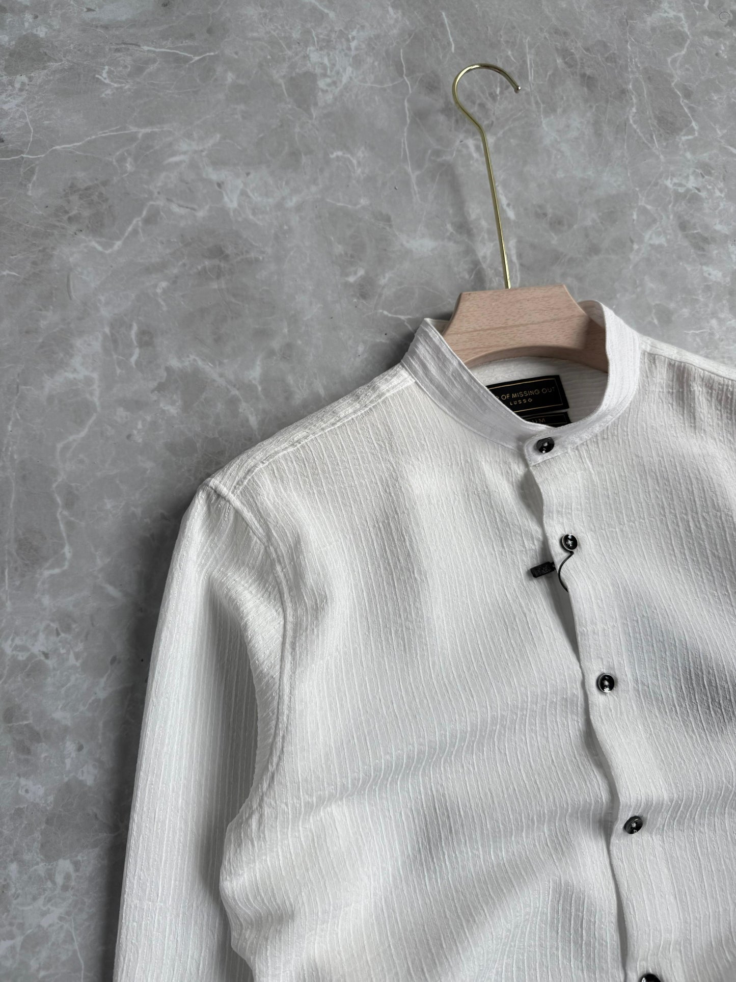 WHITE IMPORTED STRIPE MANDRIAN COLLAR SHIRT