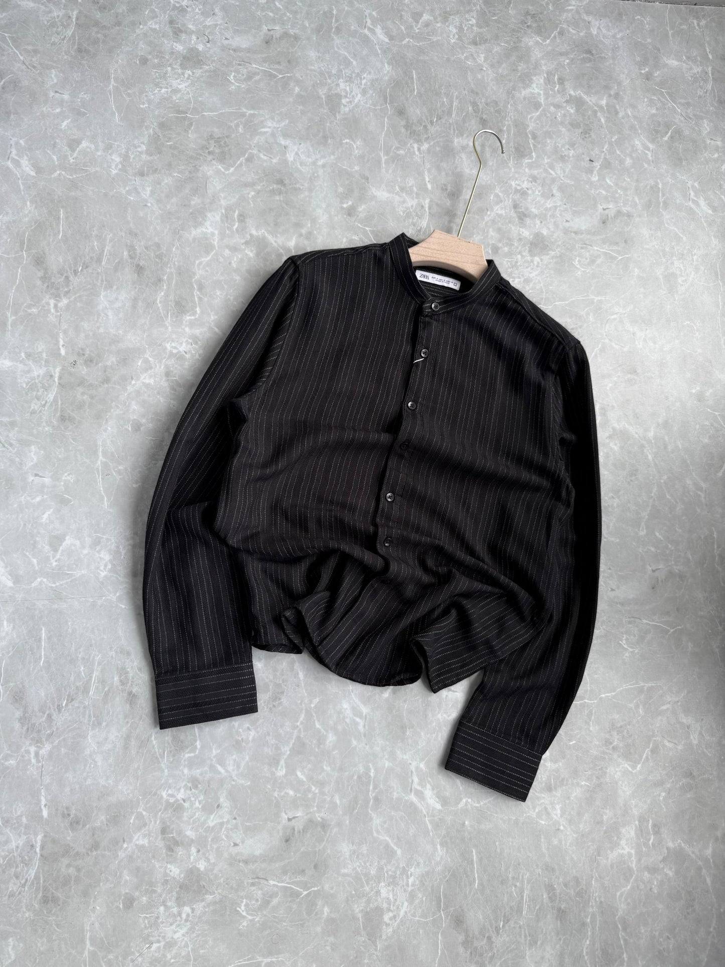 BLACK IMPORTED MANDRIAN COLLAR SHIRT