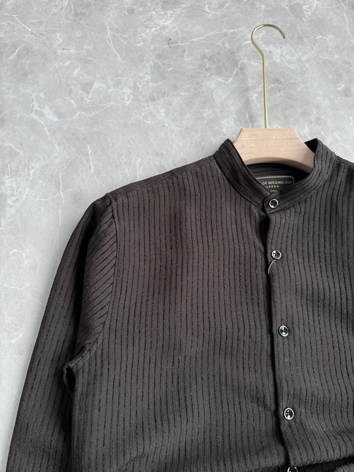 BLACK IMPOPRTED STRIPE MANDRIAN COLLAR SHIRT