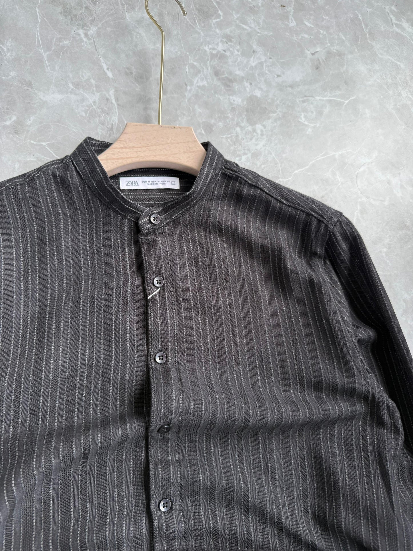 BLACK IMPORTED MANDRIAN COLLAR SHIRT