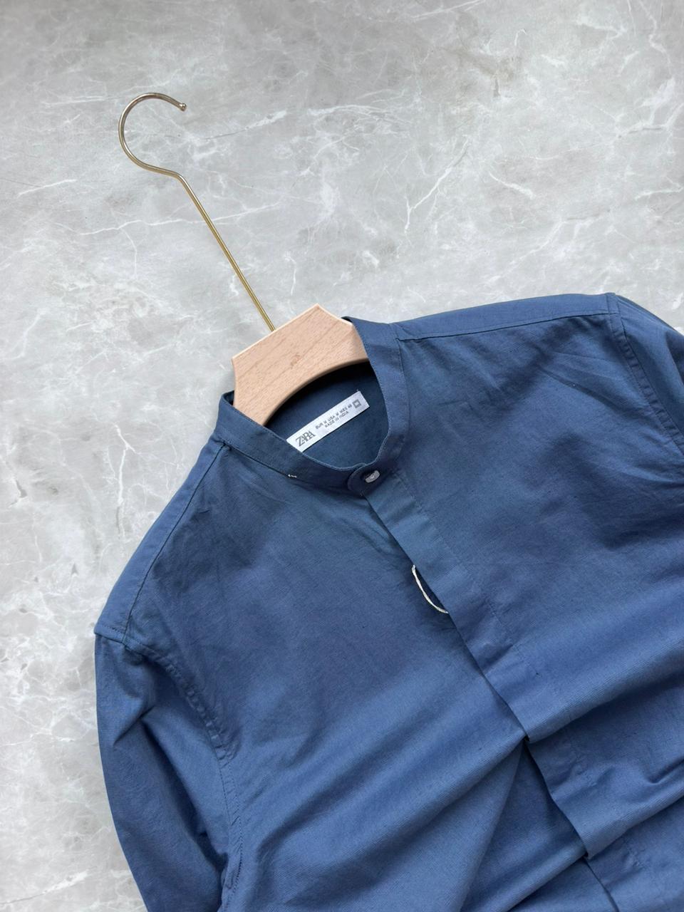 TEAL BLUE LINEN MANDRIAN COLLAR SHIRT
