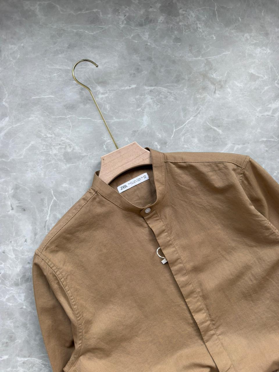 KHAKI LINEN MANDRIAN COLLAR SHIRT