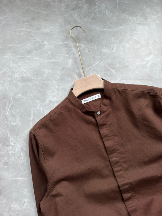 BROWN LINEN MANDRIAN COLLAR SHIRT
