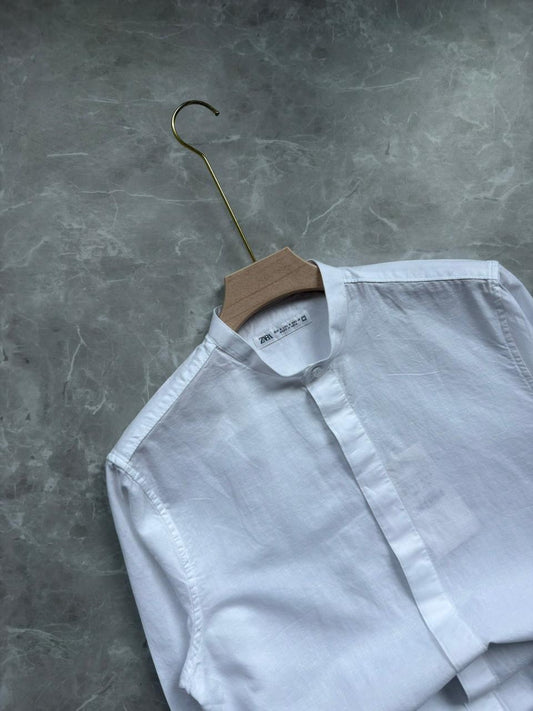 WHITE LINEN MANDRIAN COLLAR SHIRT
