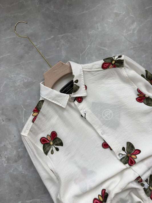 WHITE BUTTERFLY IMPORTED EMBROIDERY SHIRT