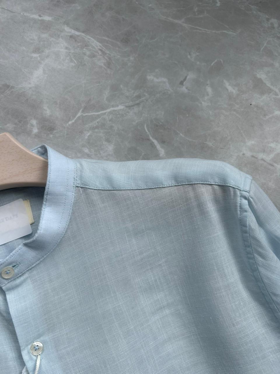 SKY BLUE LINEN MANDRIAN COLLAR SHIRT