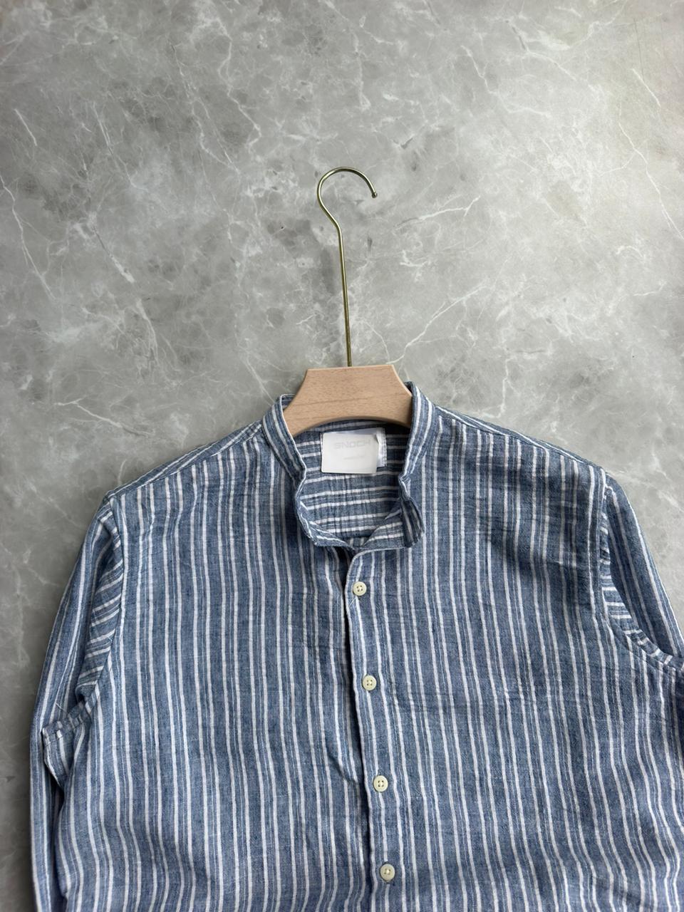 BLUE STRIPES MANDRIAN COLLAR SHIRT