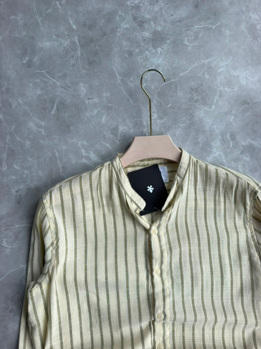 LIGHT GREEN STRIPES MANDRIAN COLLAR SHIRT