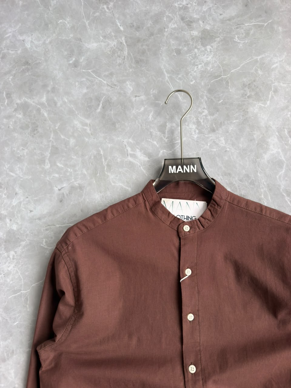 BROWN LINEN MANDRIAN COLLAR SHIRT