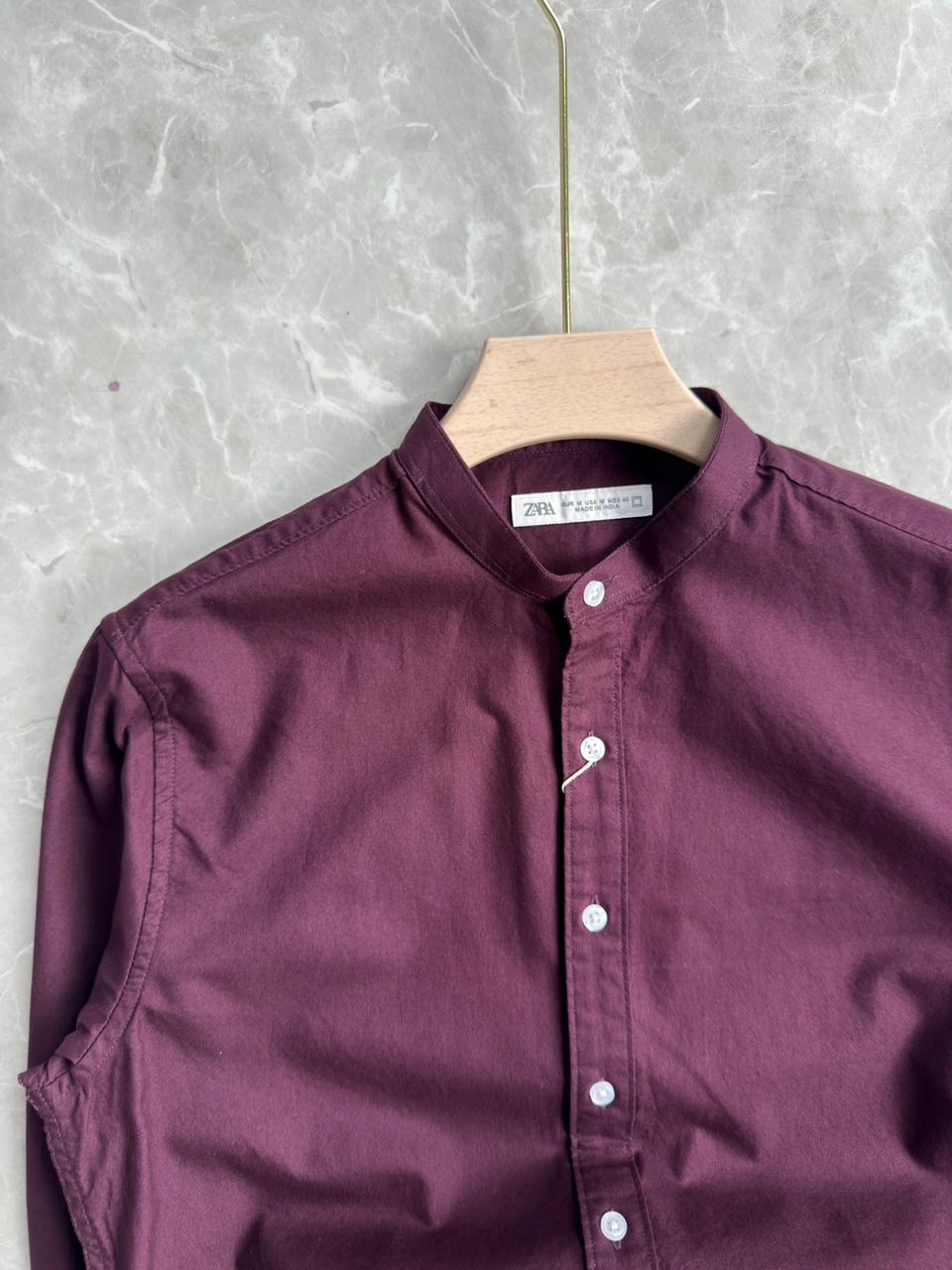 MEROON MANDRAIN COLLAR SHIRT