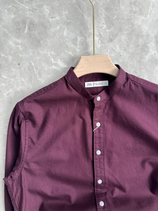 MEROON MANDRAIN COLLAR SHIRT