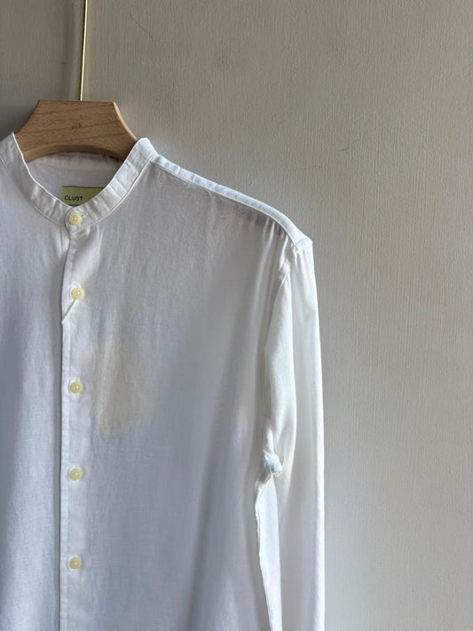 WHITE LINEN MANDRIAN COLLAR SHIRT
