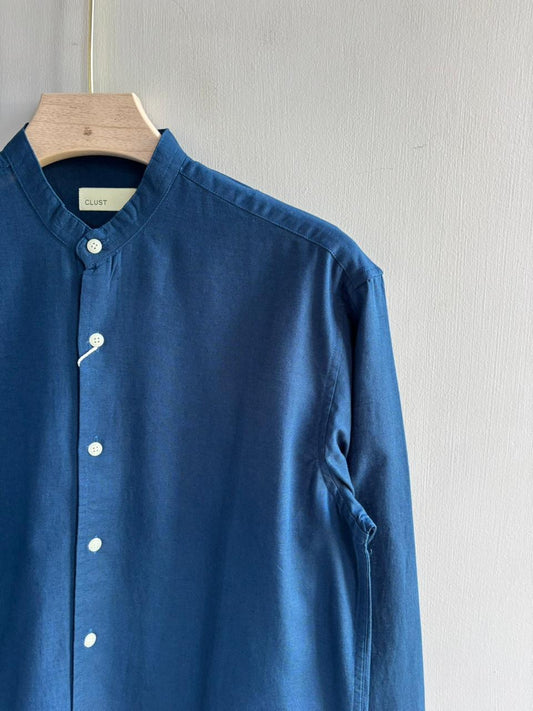 BLUE LINEN MANDRIAN COLLAR SHIRT