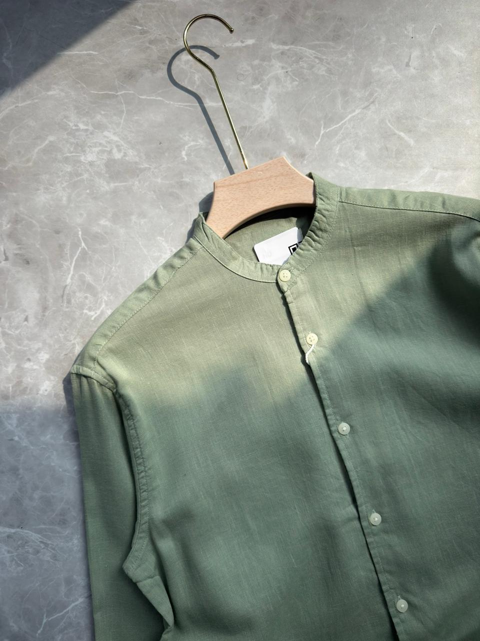 GREEN LINEN MANDRIAN COLLAR SHIRT