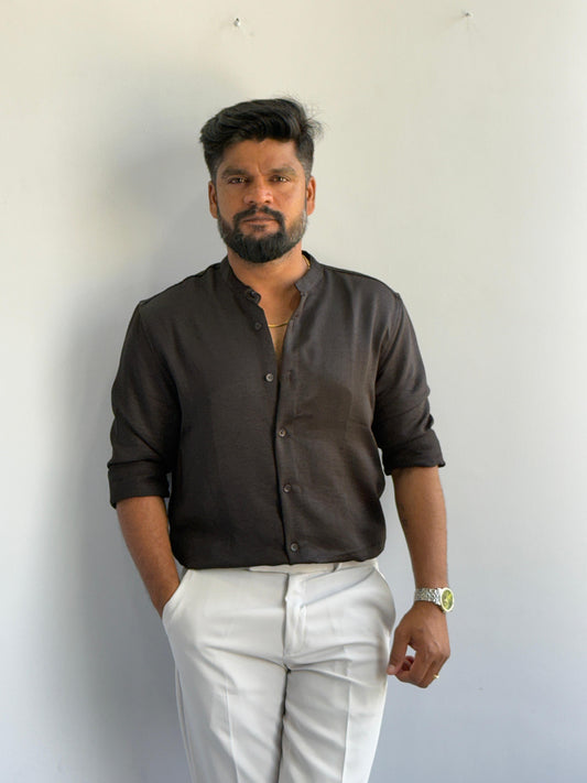 SATIN CRUSHED MANDRIAN COLLAR SHIRT