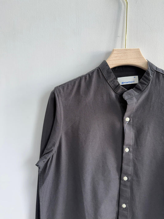 GRAY LINEN MANDRIAN COLLAR SHIRT