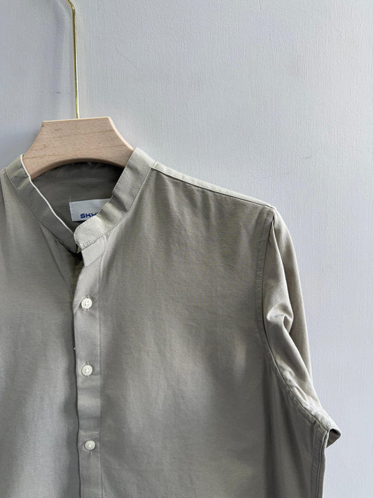 LIGHT GRAY LINEN MANDRIAN COLLAR SHIRT