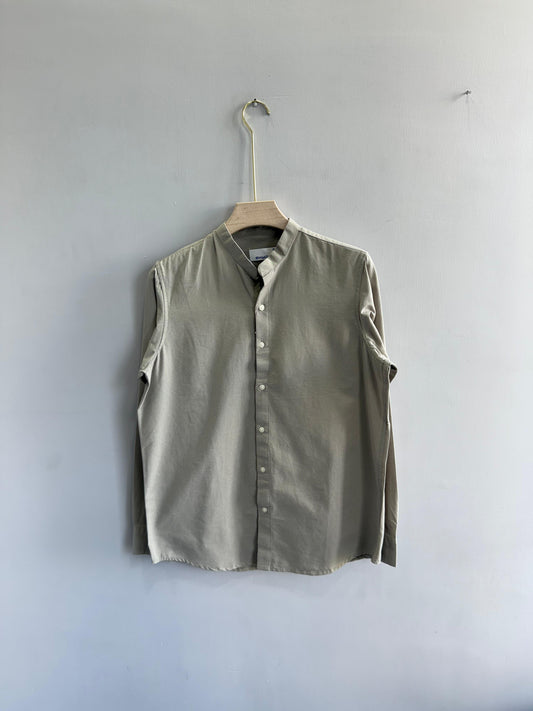 LIGHT GRAY LINEN MANDRIAN COLLAR SHIRT