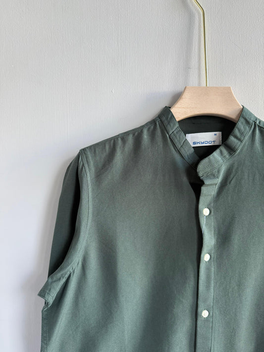 GREEN LINEN MANDRIAN COLLAR SHIRT
