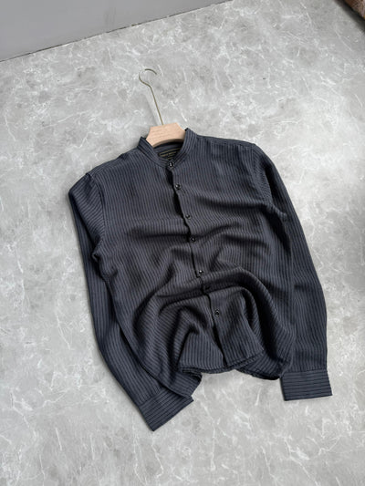 GRAY IMPORTED STRIPE MANDRIAN COLLAR SHIRT