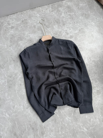 GRAY IMPORTED STRIPE MANDRIAN COLLAR SHIRT