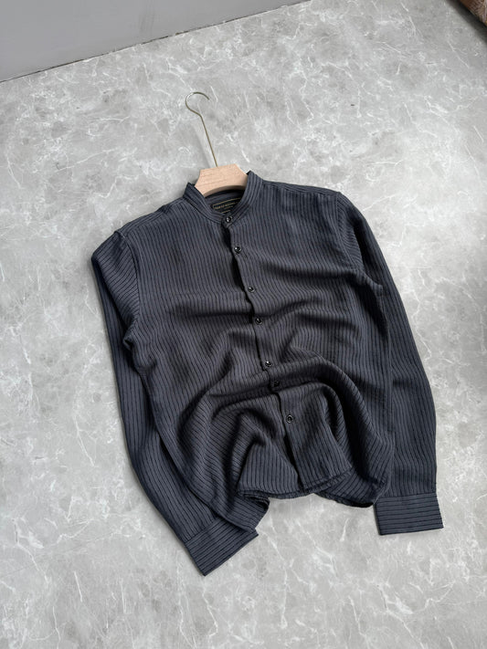 GRAY IMPORTED STRIPE MANDRIAN COLLAR SHIRT