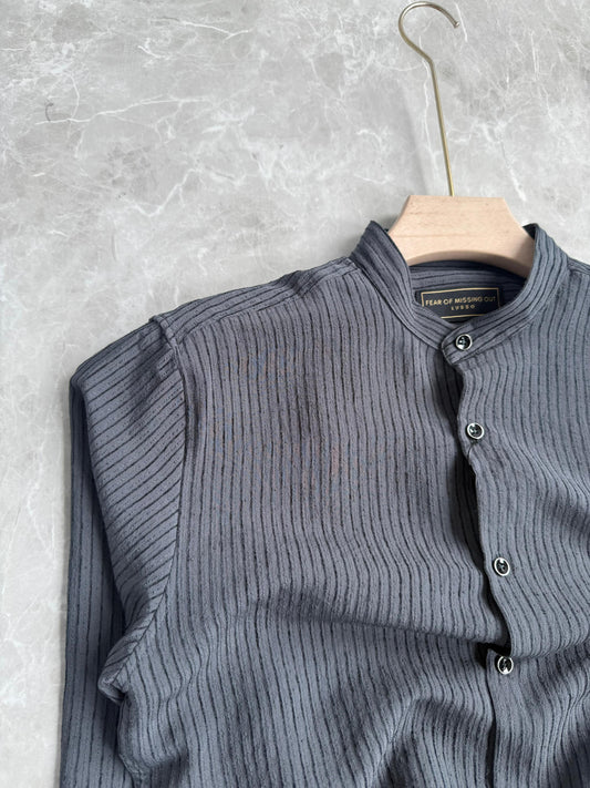 GRAY IMPORTED STRIPE MANDRIAN COLLAR SHIRT