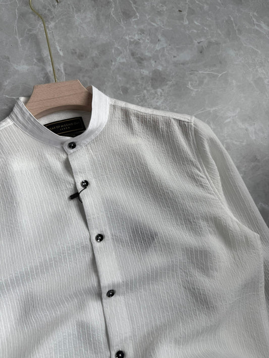 WHITE IMPORTED STRIPE MANDRIAN COLLAR SHIRT
