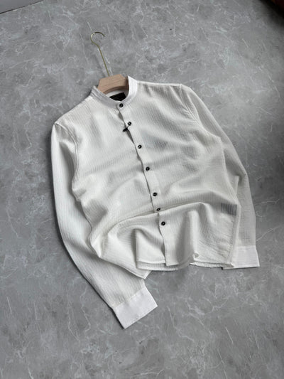 WHITE IMPORTED STRIPE MANDRIAN COLLAR SHIRT