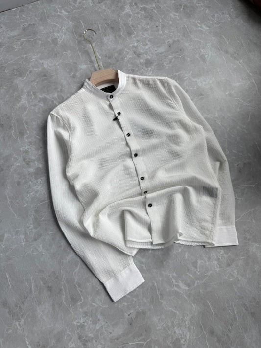 WHITE IMPORTED STRIPE MANDRIAN COLLAR SHIRT