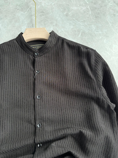 BLACK IMPOPRTED STRIPE MANDRIAN COLLAR SHIRT