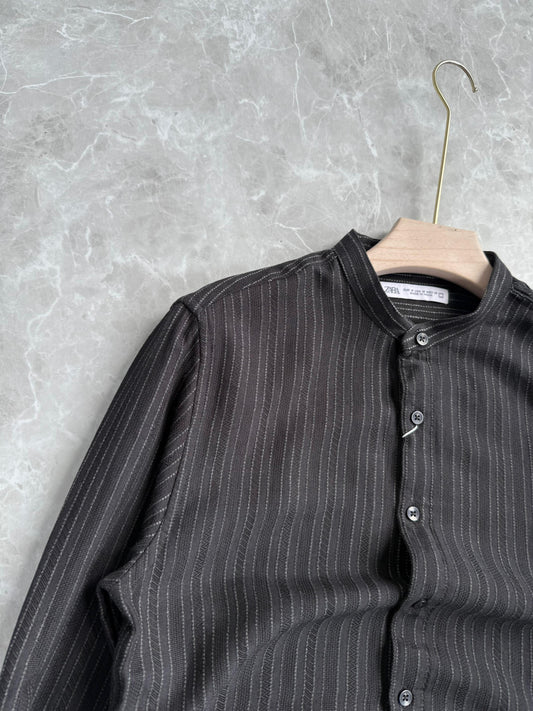 BLACK IMPORTED MANDRIAN COLLAR SHIRT