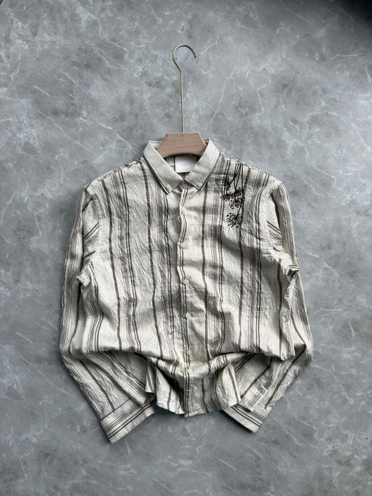 IMPORTED BROWN STRIPE EMBROIDERY SHIRT