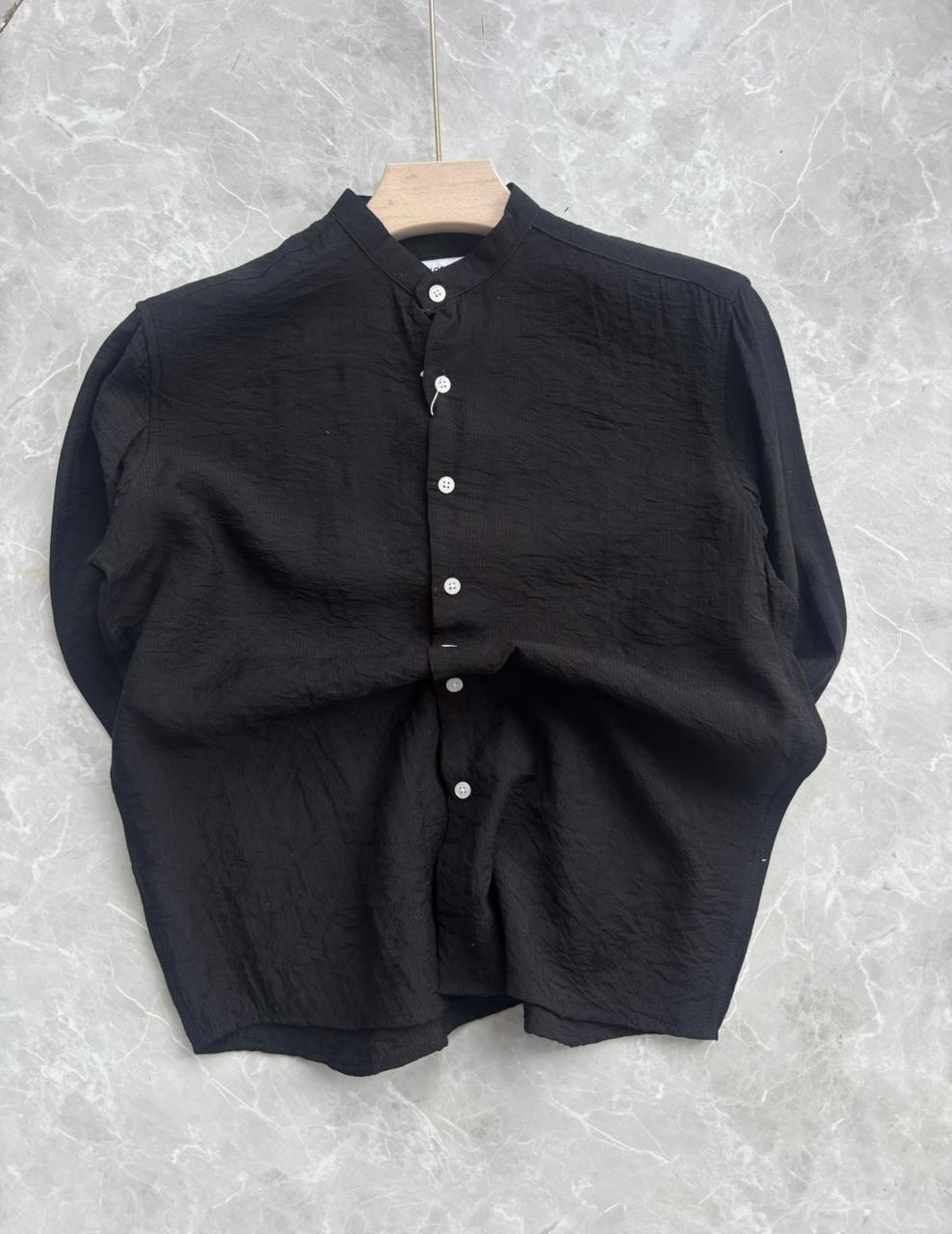 BLACK IMPORTED CRUSHED MANDRAIN COLLAR SHIRT