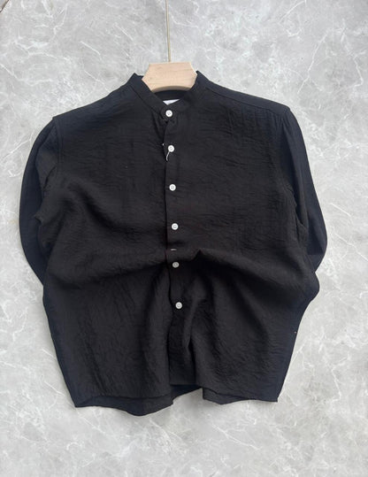 BLACK IMPORTED CRUSHED MANDRAIN COLLAR SHIRT