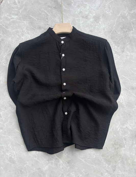 BLACK IMPORTED CRUSHED MANDRAIN COLLAR SHIRT