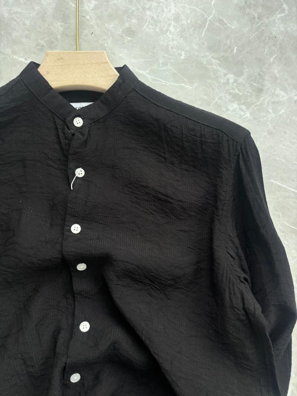 BLACK IMPORTED CRUSHED MANDRAIN COLLAR SHIRT