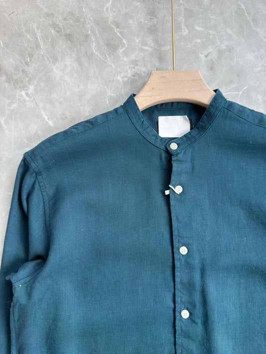 PEACOCK BLUE LINEN MANDRIAN COLLAR SHIRT
