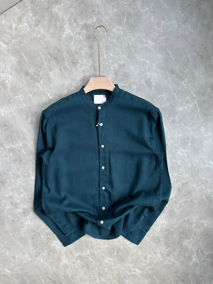 PEACOCK BLUE LINEN MANDRIAN COLLAR SHIRT