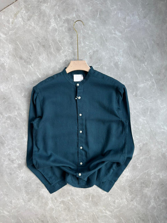 PEACOCK BLUE LINEN MANDRIAN COLLAR SHIRT