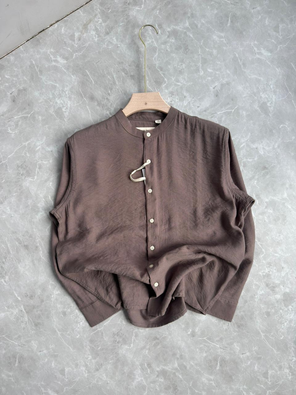BROWN IMPORTED CRUSHED MANDRIAN COLLAR SHIRT