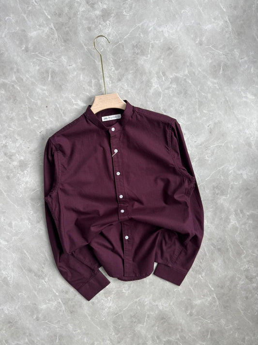 MEROON MANDRAIN COLLAR SHIRT