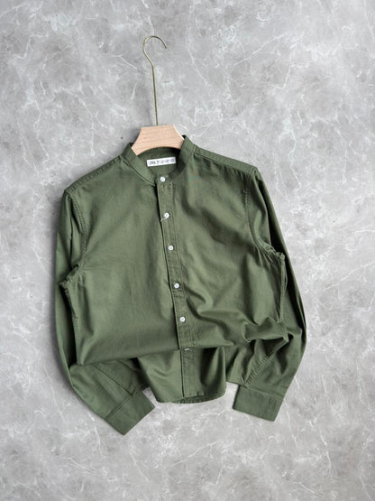 DARK GREEN MANDRAIN COLLAR SHIRT
