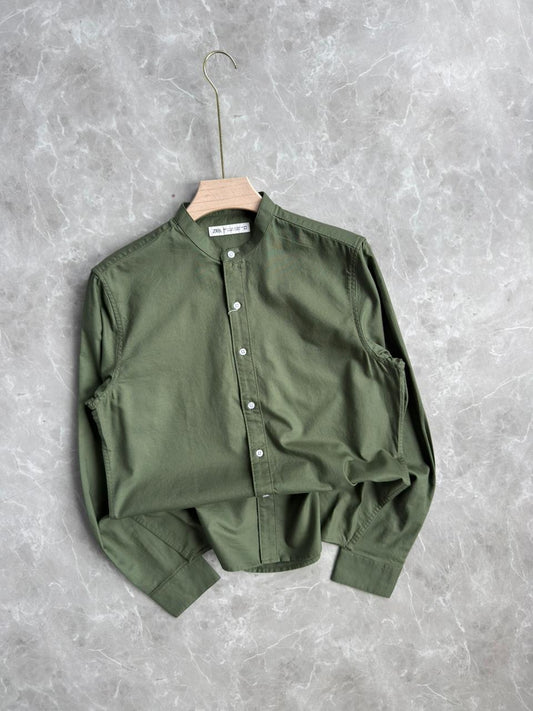DARK GREEN MANDRAIN COLLAR SHIRT