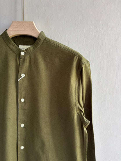 DARK GREEN LINEN MANDRIAN COLLAR SHIRT